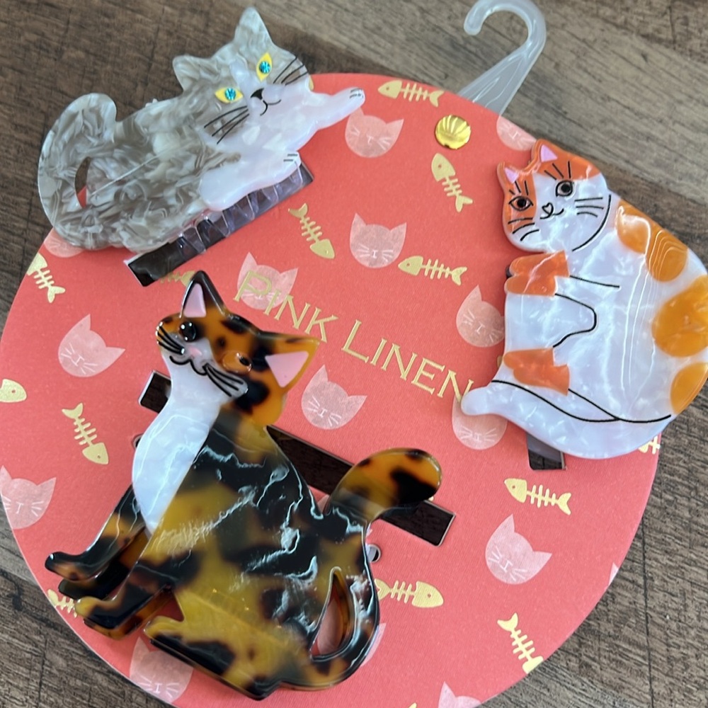 ⚠️‼️SOLD‼️⚠️Pink Linen Cat Kitty Hair Clips - Picture 4 of 4